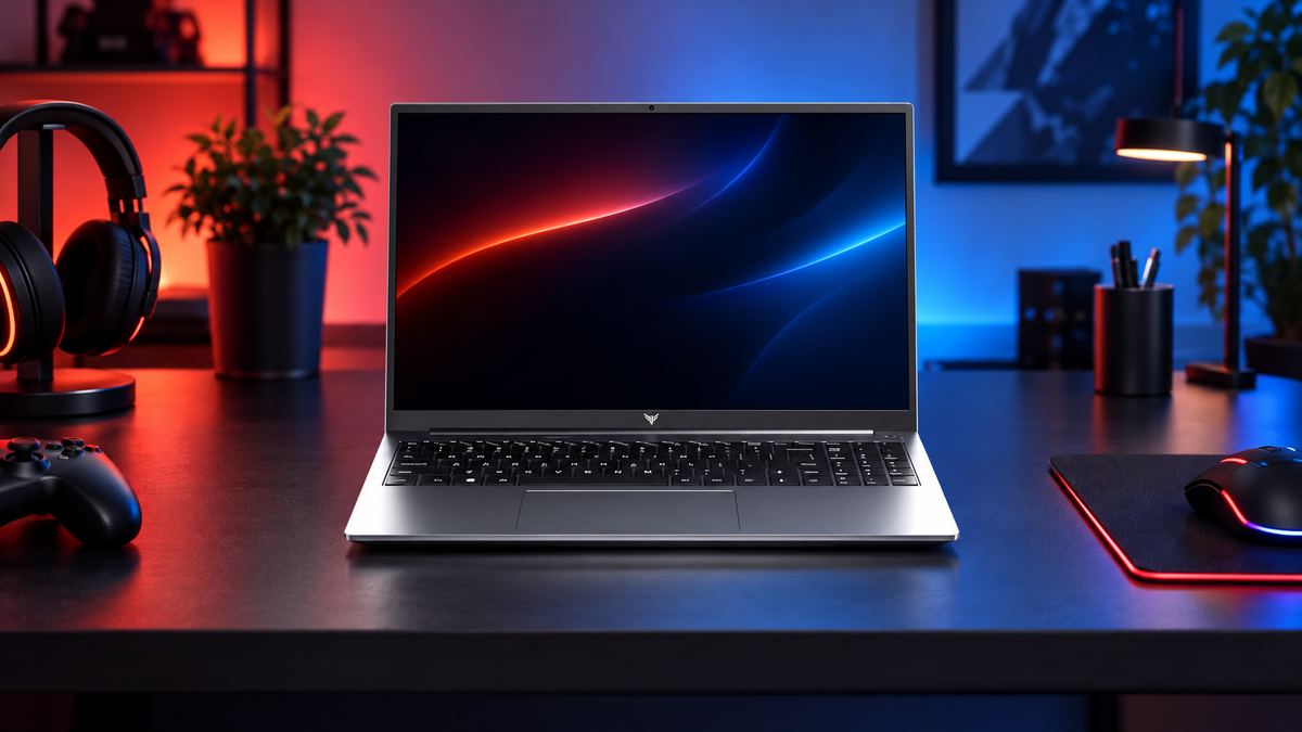 Silver gaming laptop on a desk with headset, controller and mouse under red and blue lighting