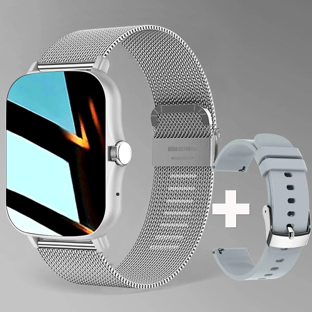 Square smart watch with silver metal mesh band and spare silicone strap