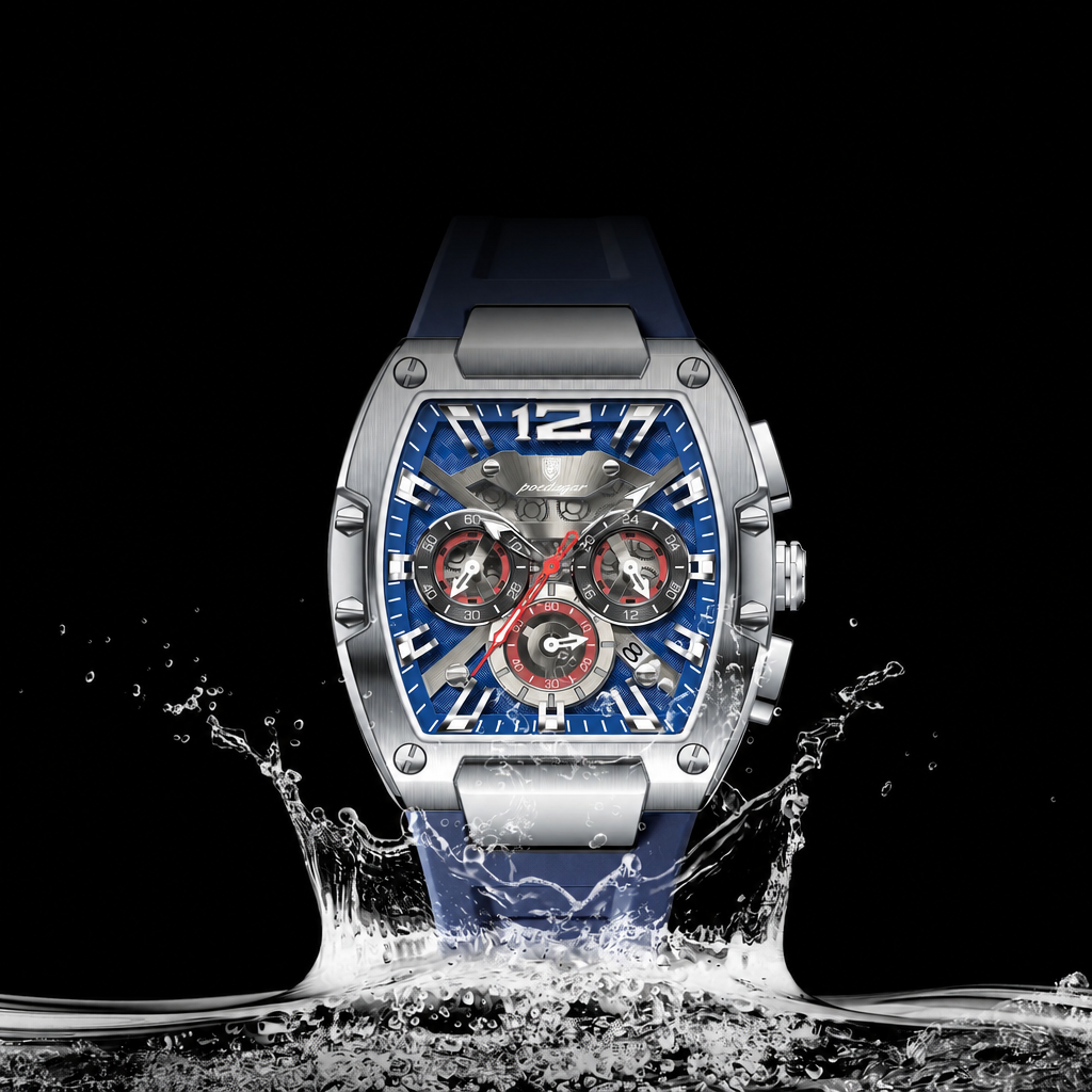 POEDAGAR men's silver chronograph watch with blue dial and blue silicone strap splashing in water