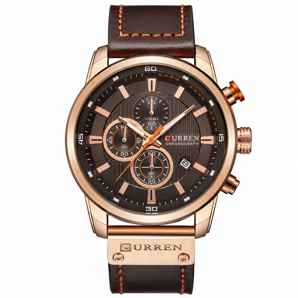 CURREN chronograph watch, rose gold case with brown leather strap