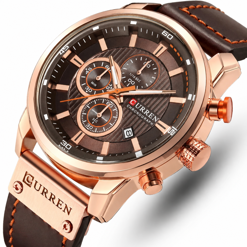 CURREN men's rose gold chronograph quartz watch with brown leather strap