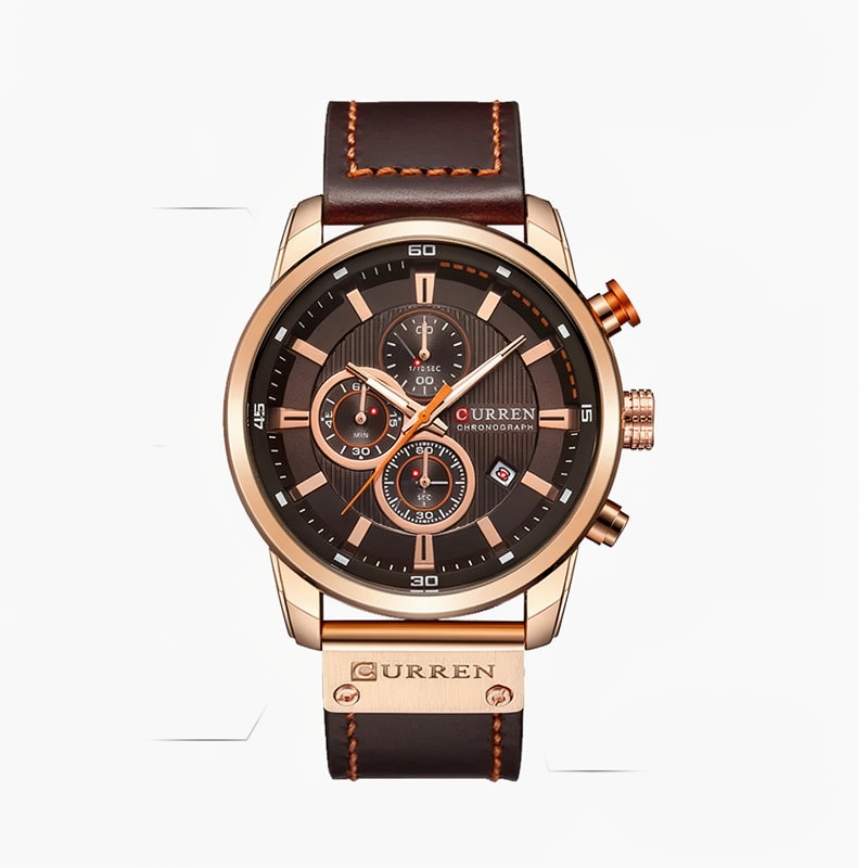 CURREN rose gold chronograph watch with brown leather strap, front view