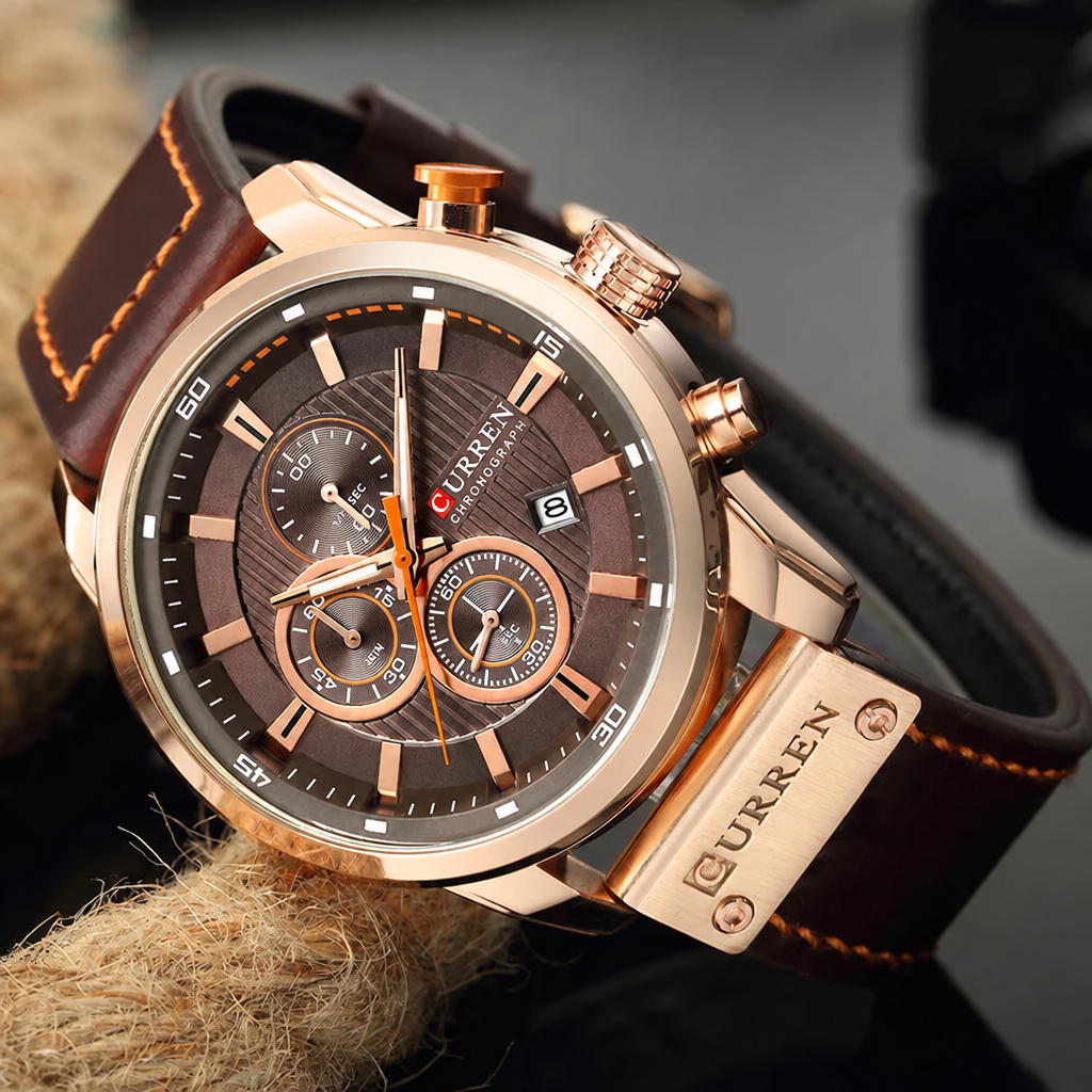 Close-up of CURREN rose gold chronograph watch dial and leather strap