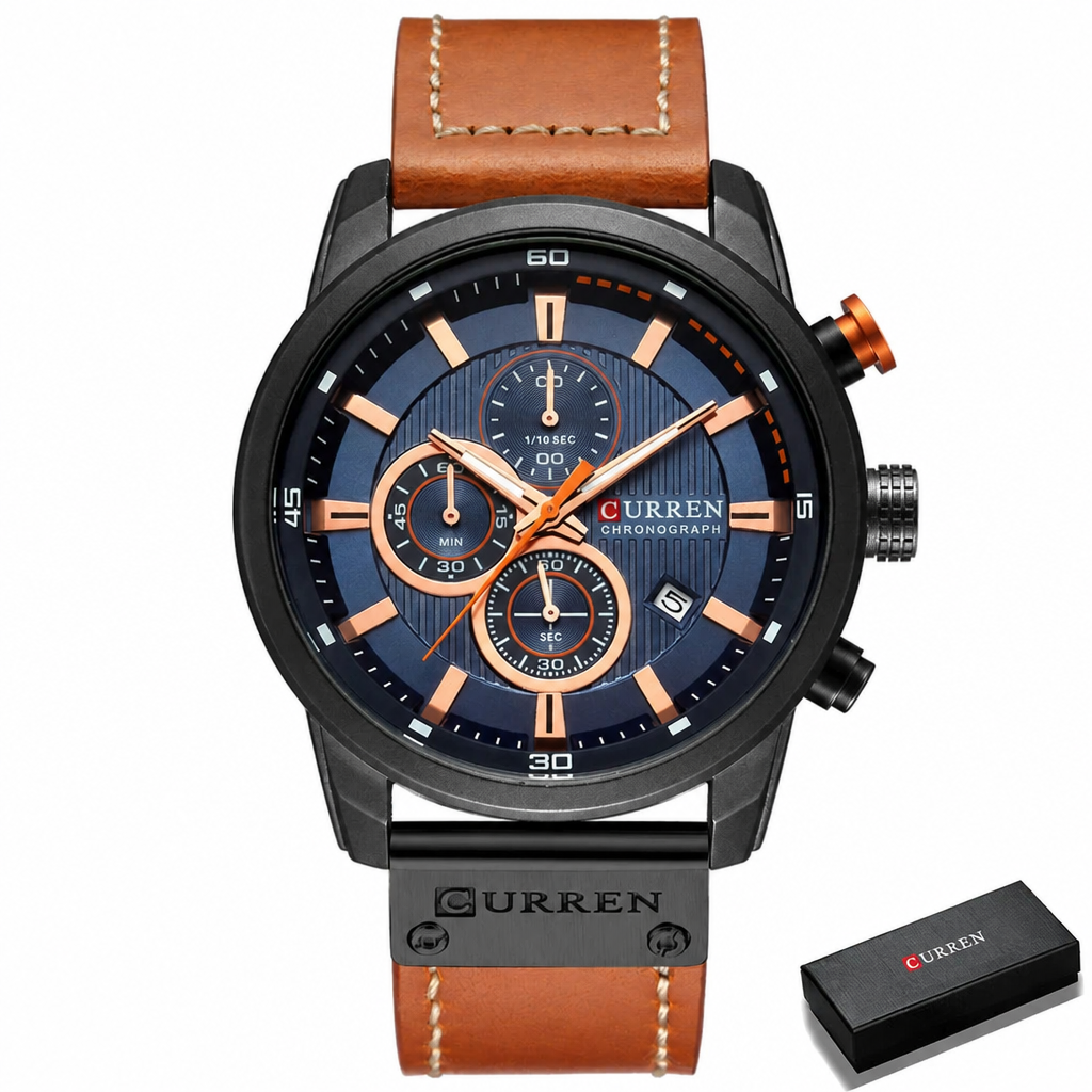 CURREN chronograph watch, black case with blue dial, tan leather strap and gift box