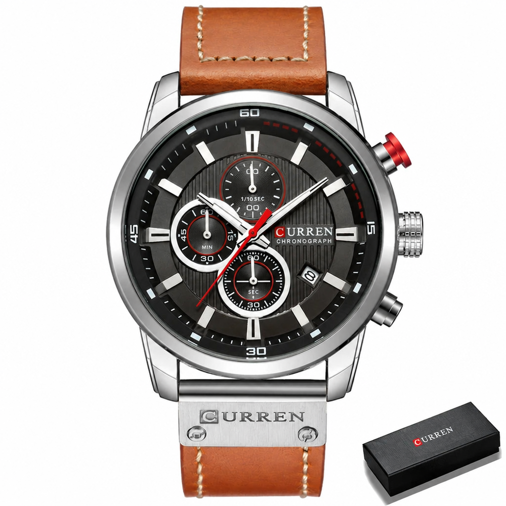 CURREN chronograph watch, silver case with black dial, tan leather strap and gift box