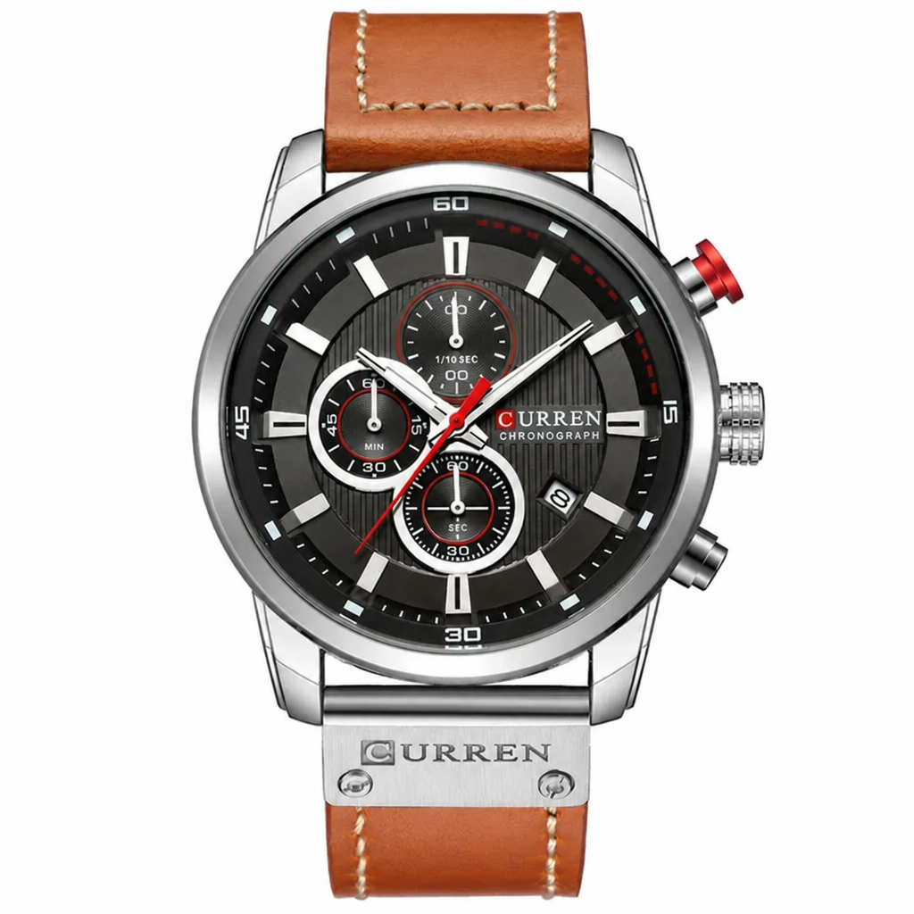 CURREN chronograph watch, silver case with black dial and tan leather strap