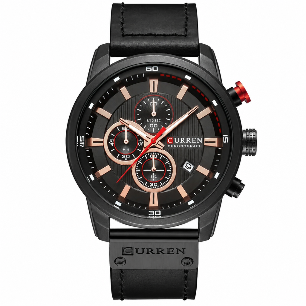 CURREN black chronograph watch with black leather strap