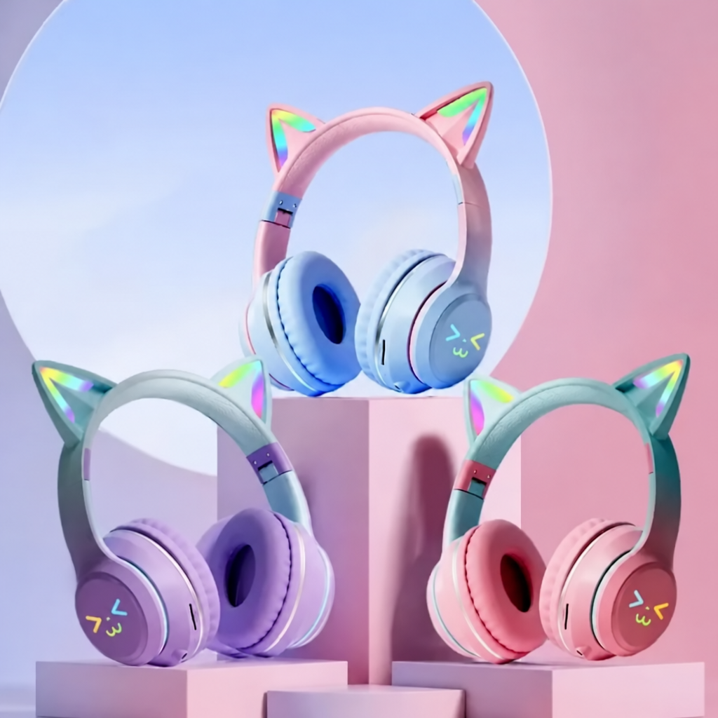 Cat ear Bluetooth headphones with RGB lighting in three colors