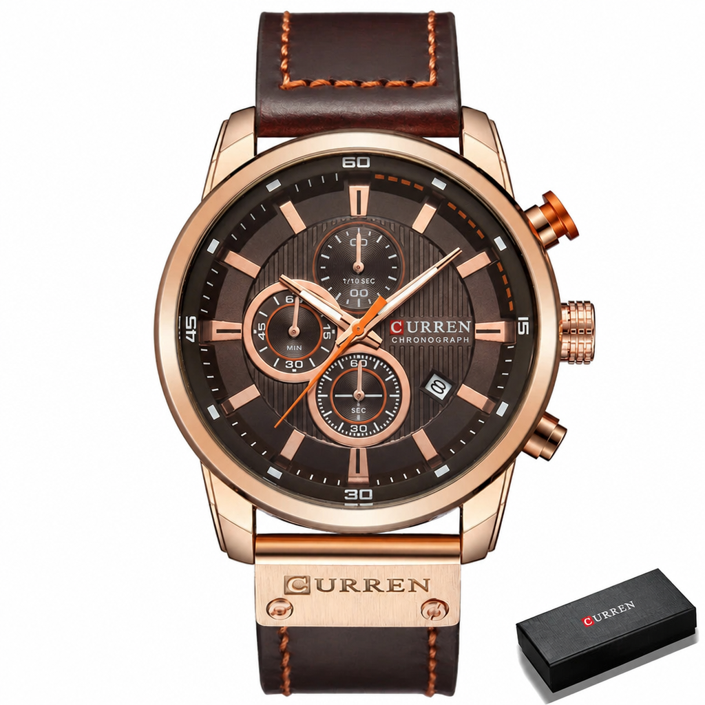 CURREN chronograph watch, rose gold case with brown leather strap and gift box