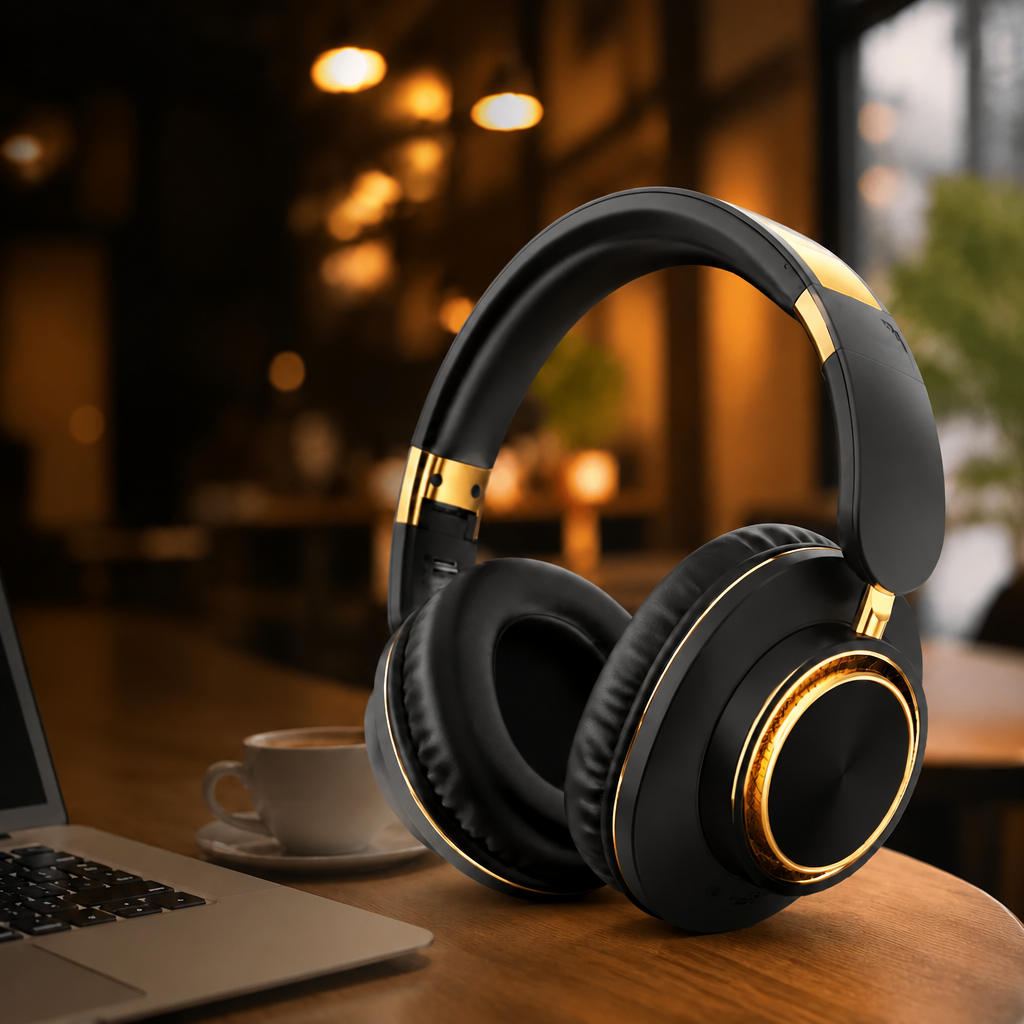 Foldable black and gold over-ear Bluetooth headphones