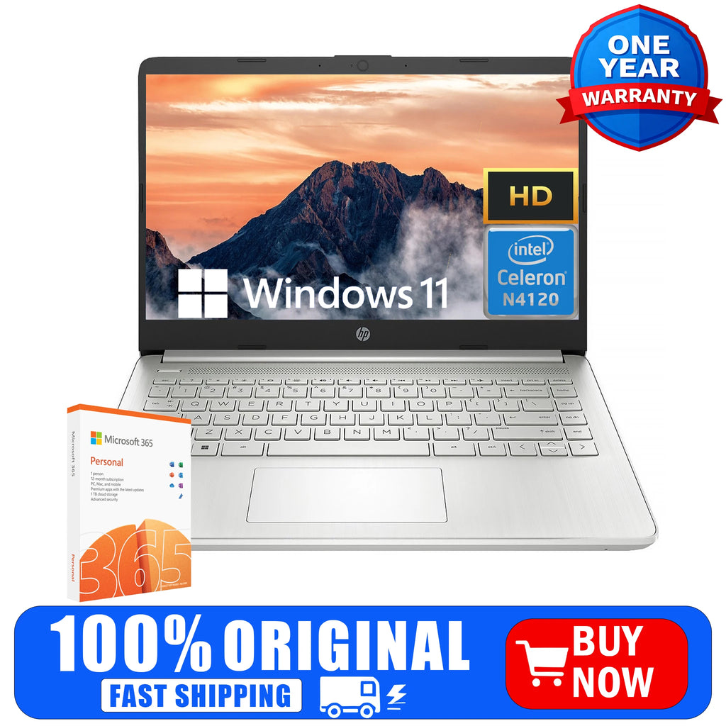 كمبيوتر محمول HP مقاس 14 بوصة، معالج Intel Celeron N4120، ذاكرة وصول عشوائي 4 جيجابايت، سعة تخزين 128 جيجابايت eMMC، نظام تشغيل Windows 11 Home