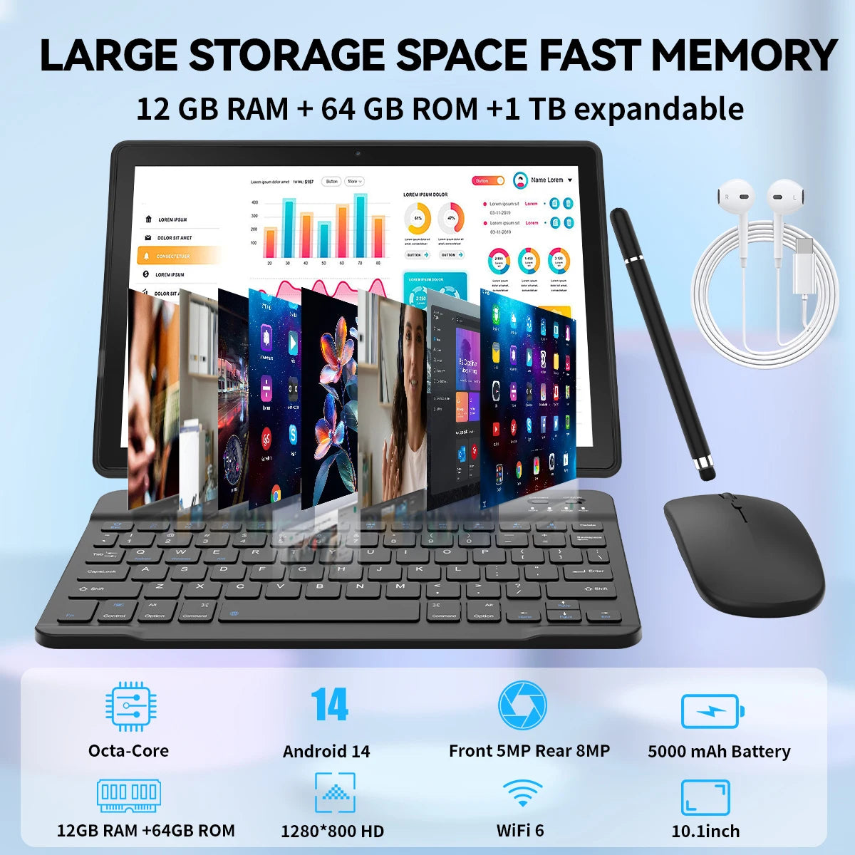 AEEZO 10.1" Android 14 Tablet, 3GB RAM, 64GB, with Case, Stylus, Keyboard and Mouse