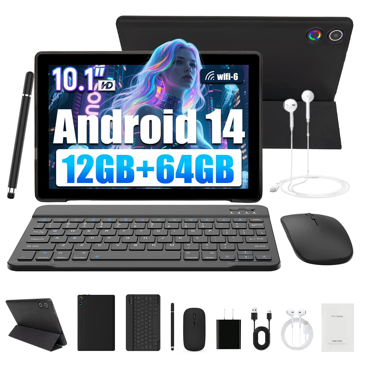 AEEZO 10.1" Android 14 Tablet, 3GB RAM, 64GB, with Case, Stylus, Keyboard and Mouse