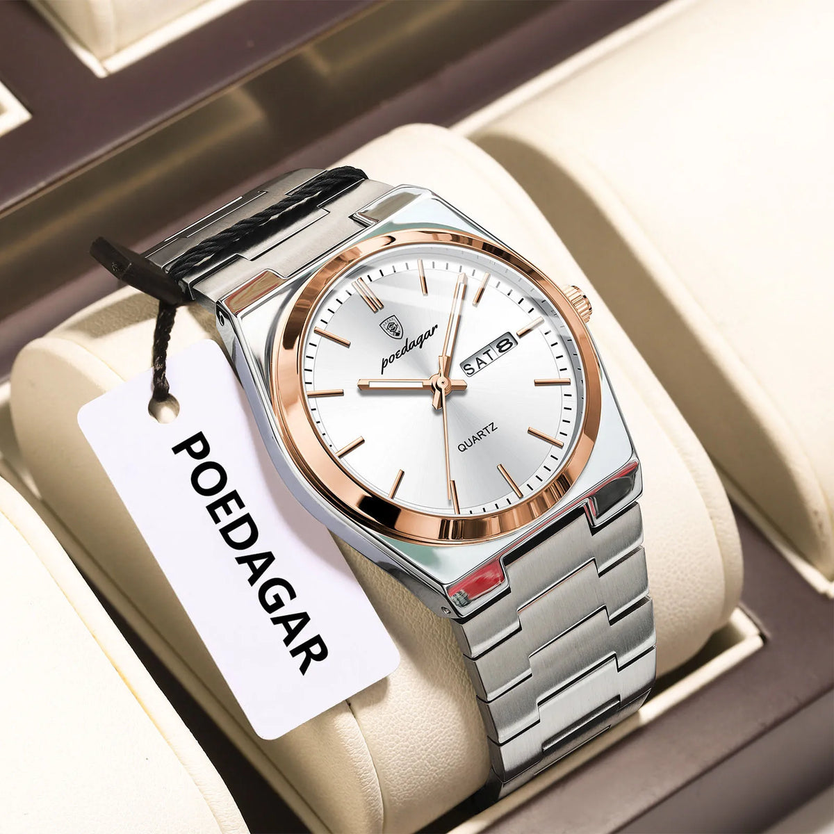 POEDAGAR Men's Quartz Watch, Stainless Steel, Date and Day, Luminous