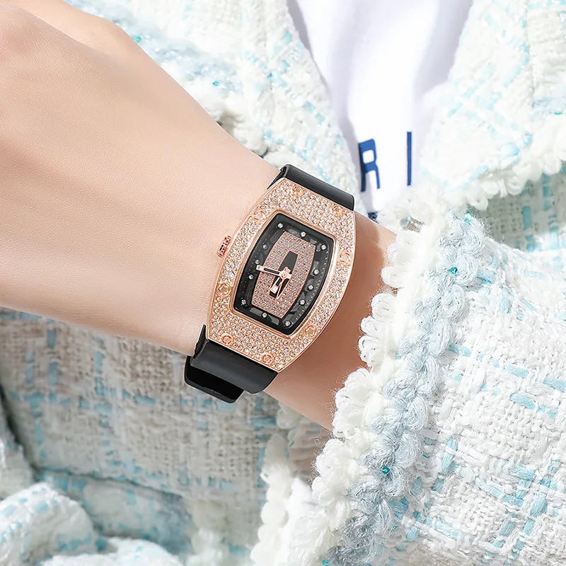 Women's Crystal Tonneau Quartz Watch, Silicone Strap