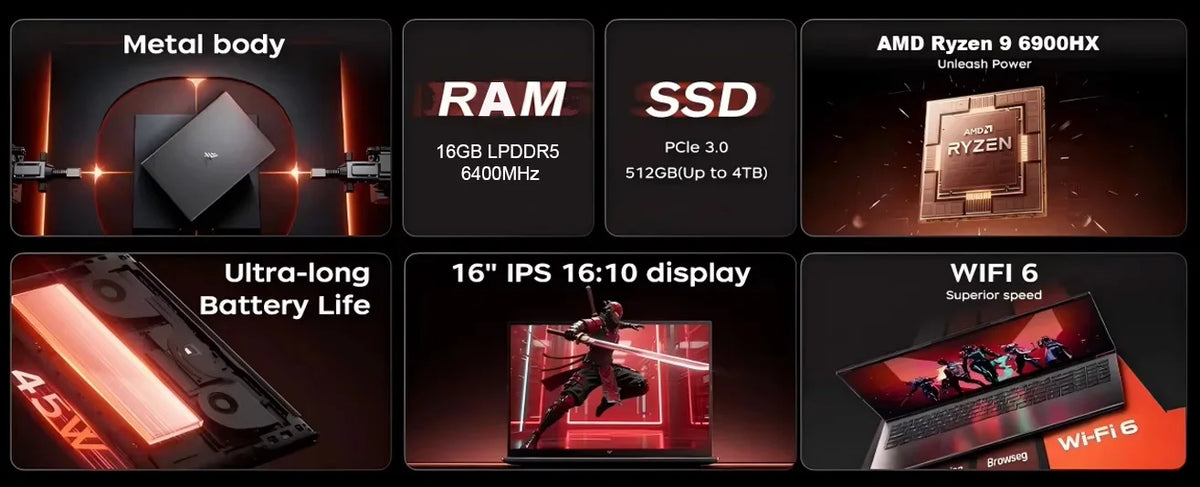 KAMRUI 16" Gaming Laptop, AMD Ryzen 9 6900HX, 16GB RAM, 512GB SSD