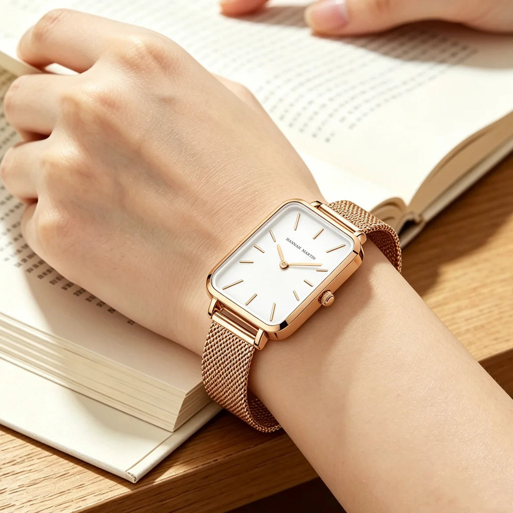 Hannah Martin Women's 34 mm Square Quartz Watch, Stainless Steel Mesh Strap