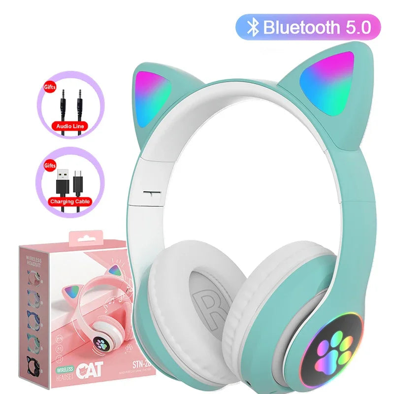 Kids' Cat Ear Bluetooth Headphones with Microphone and LED Lights