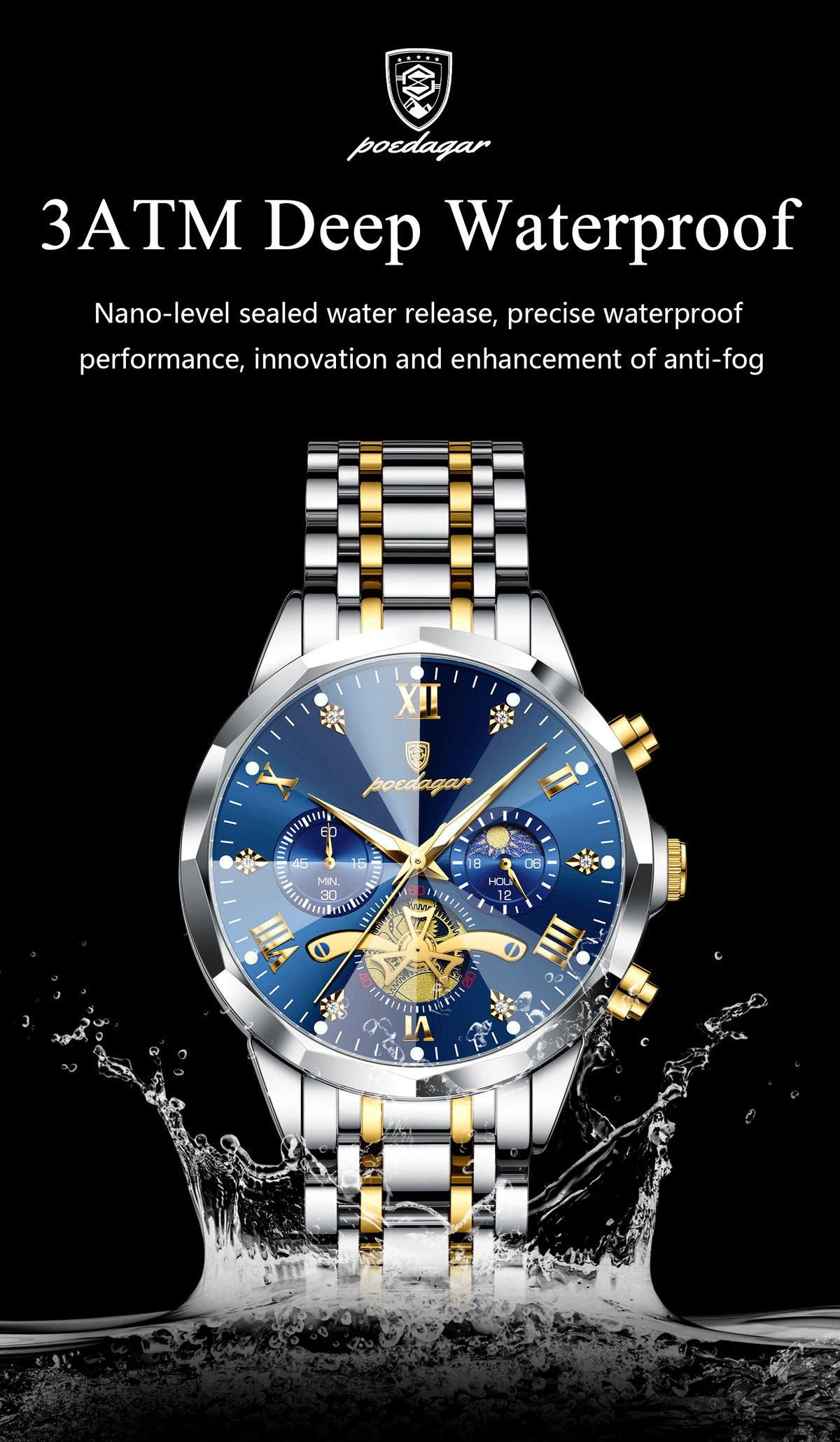 POEDAGAR Men's Chronograph Quartz Watch, Stainless Steel, Water Resistant