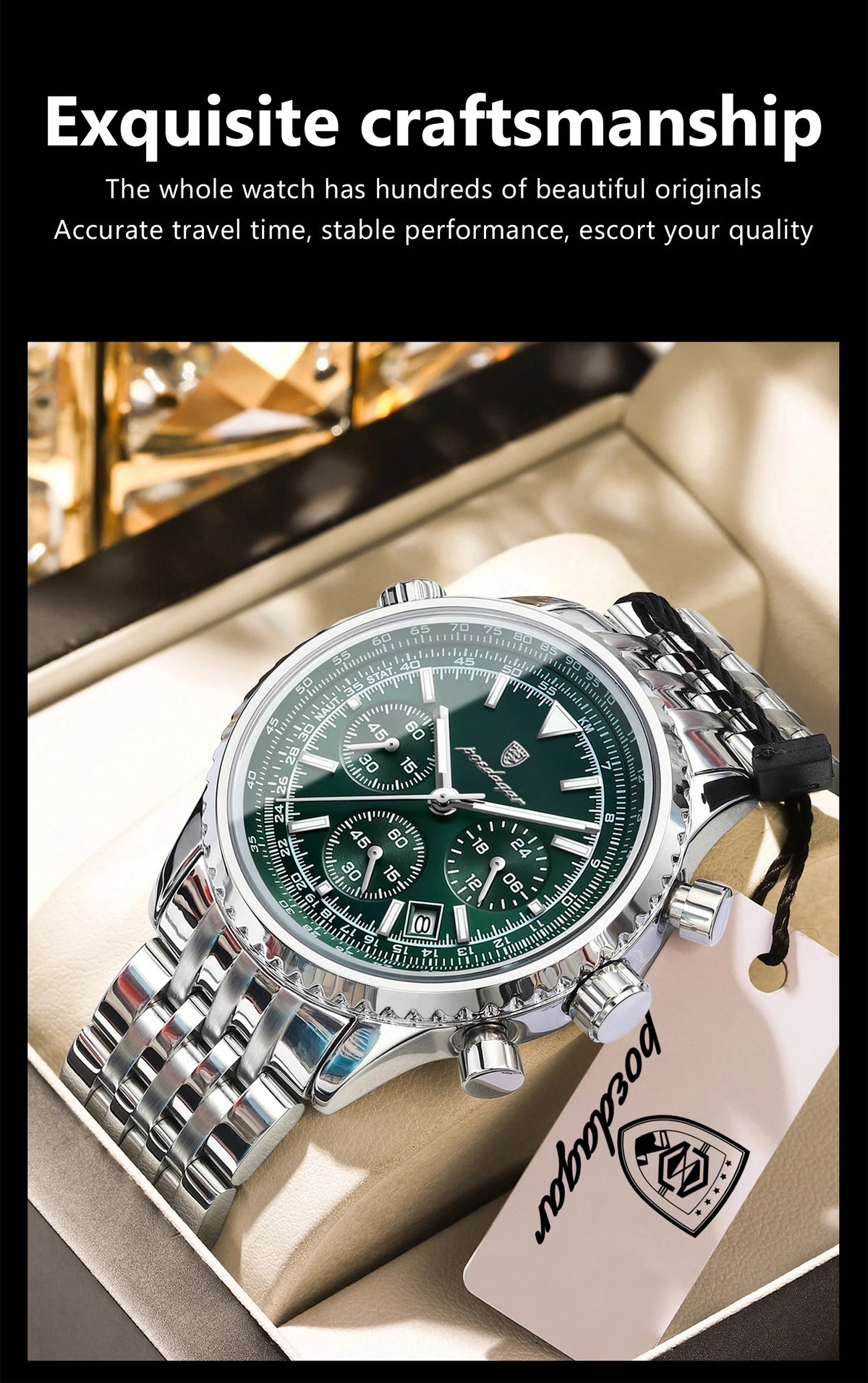 POEDAGAR Men's Chronograph Quartz Watch, Stainless Steel, Date, Luminous