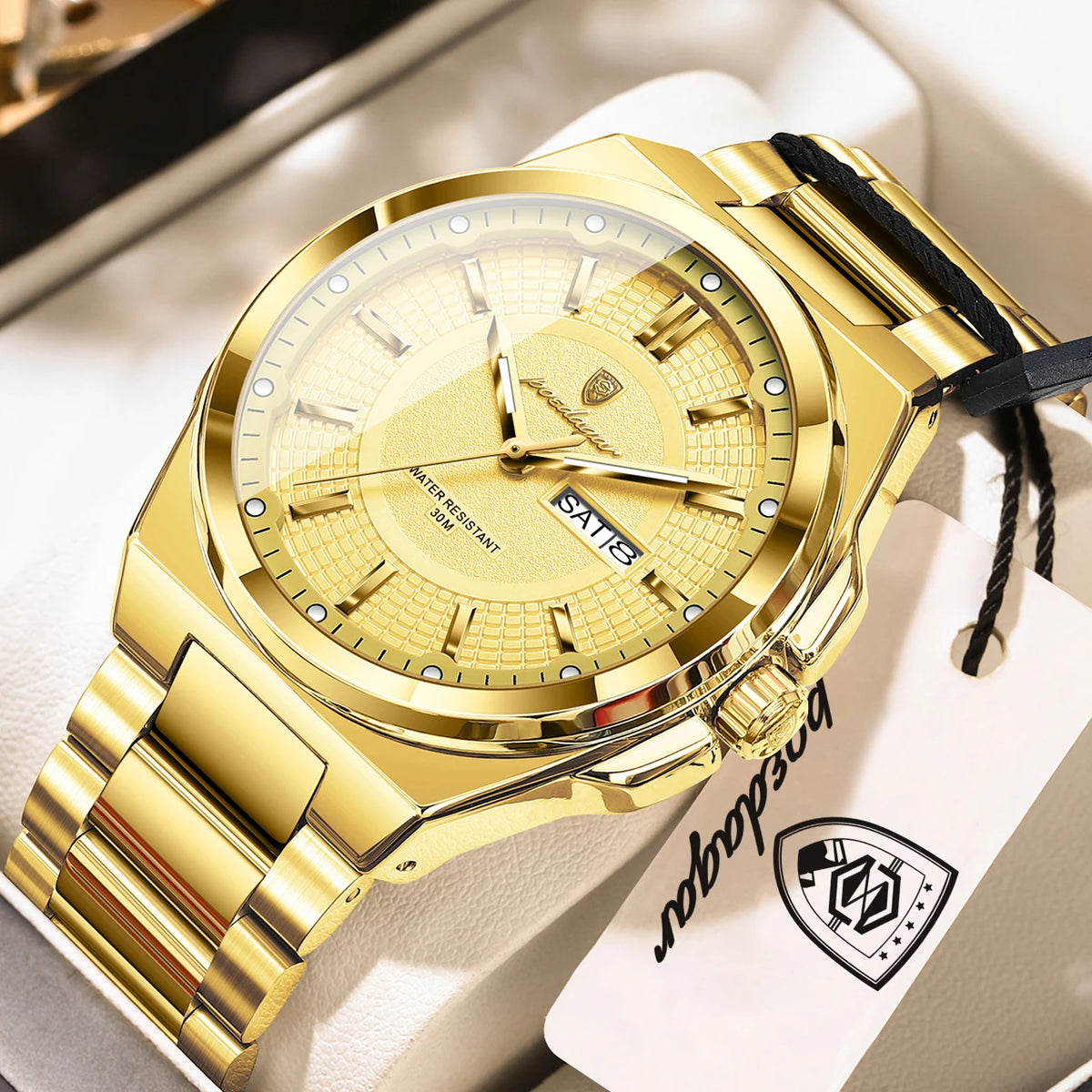 POEDAGAR Men's Business Quartz Watch, Stainless Steel, Date and Day