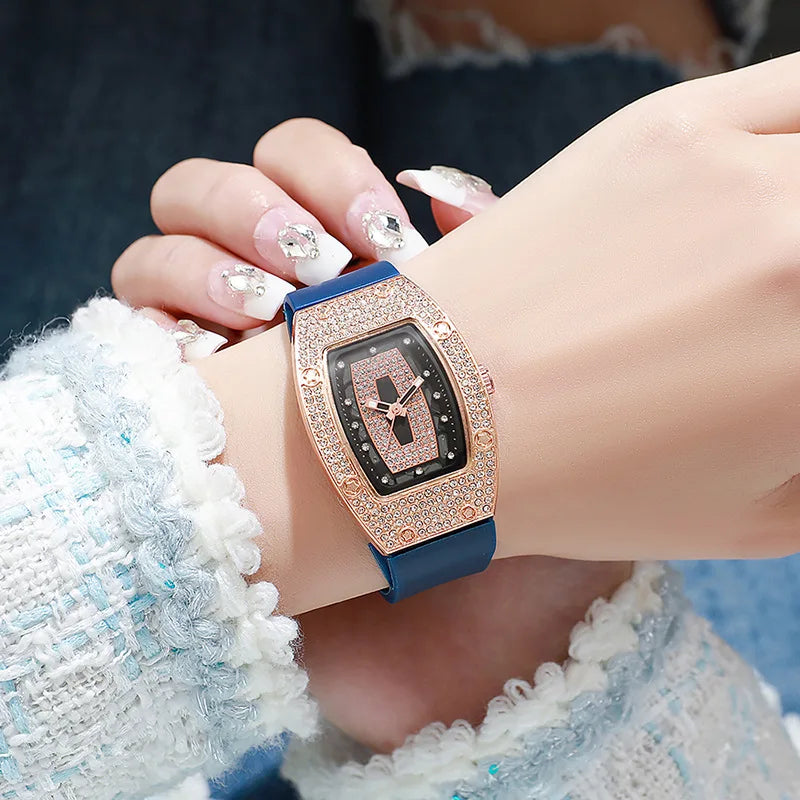 Women's Crystal Tonneau Quartz Watch, Silicone Strap
