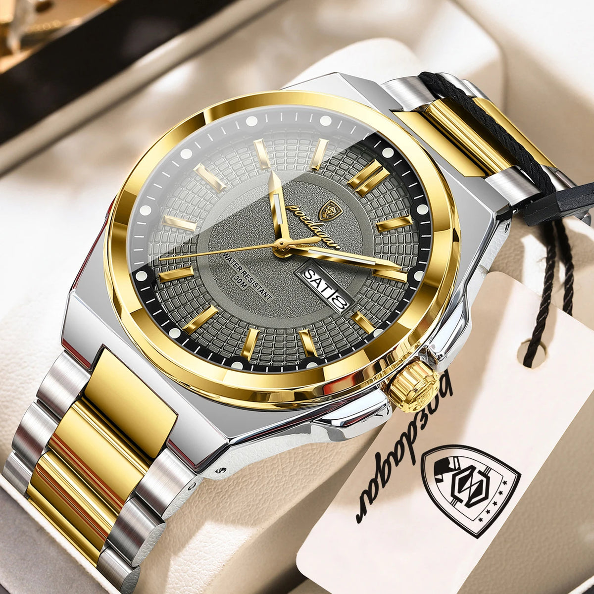 POEDAGAR Men's Business Quartz Watch, Stainless Steel, Date and Day