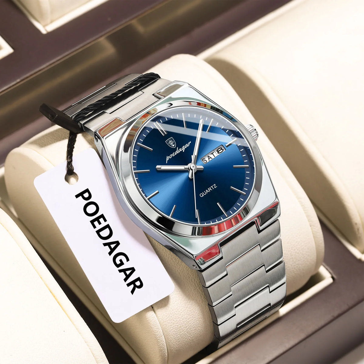 POEDAGAR Men's Quartz Watch, Stainless Steel, Date and Day, Luminous