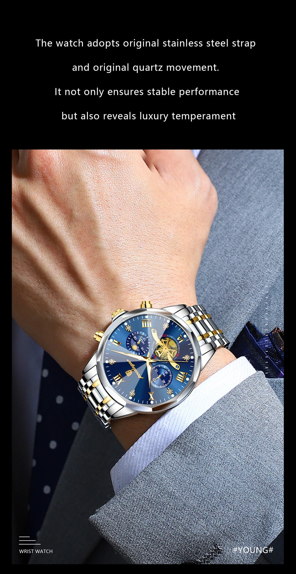 POEDAGAR Men's Chronograph Quartz Watch, Stainless Steel, Water Resistant