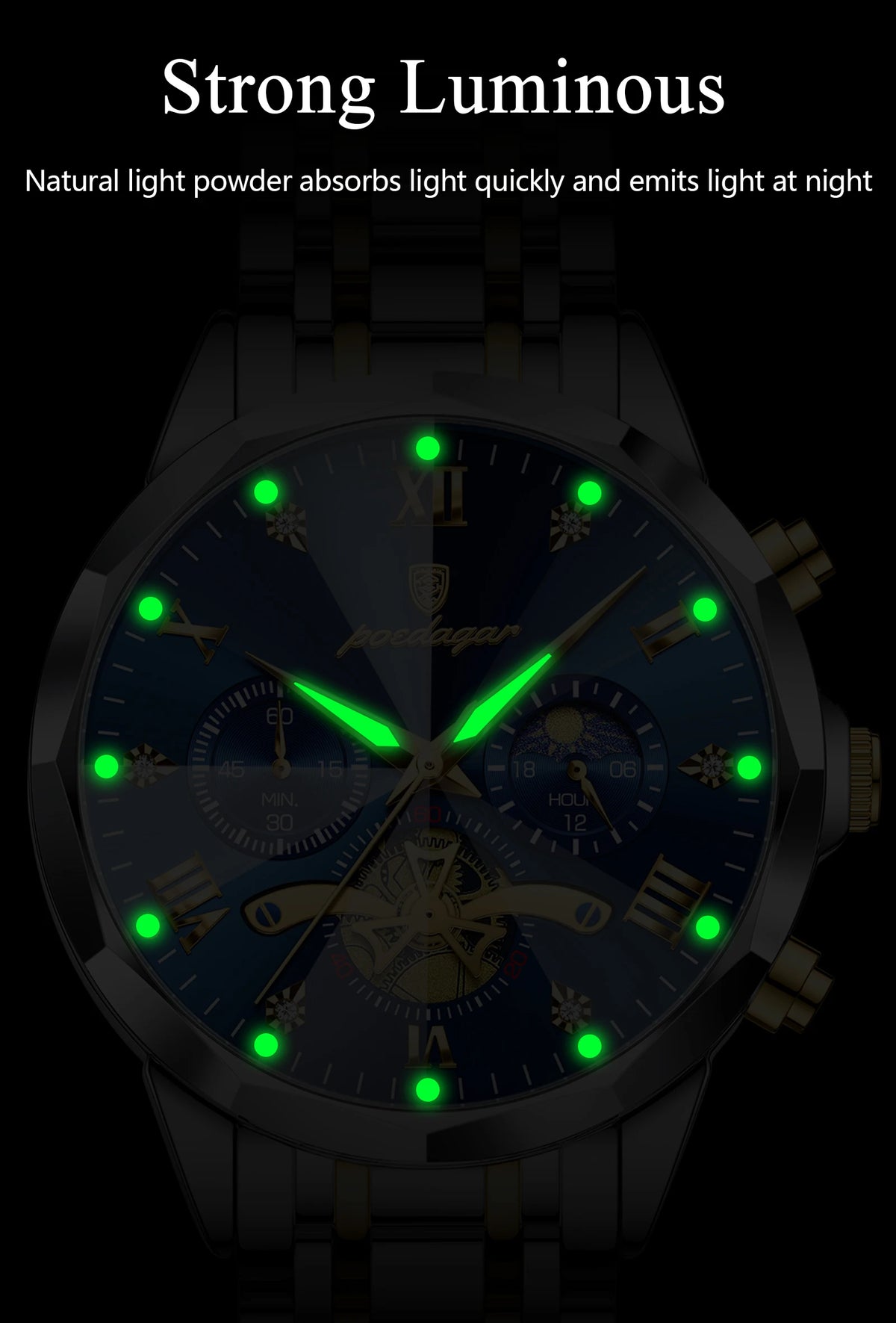 POEDAGAR Men's Chronograph Quartz Watch, Stainless Steel, Water Resistant