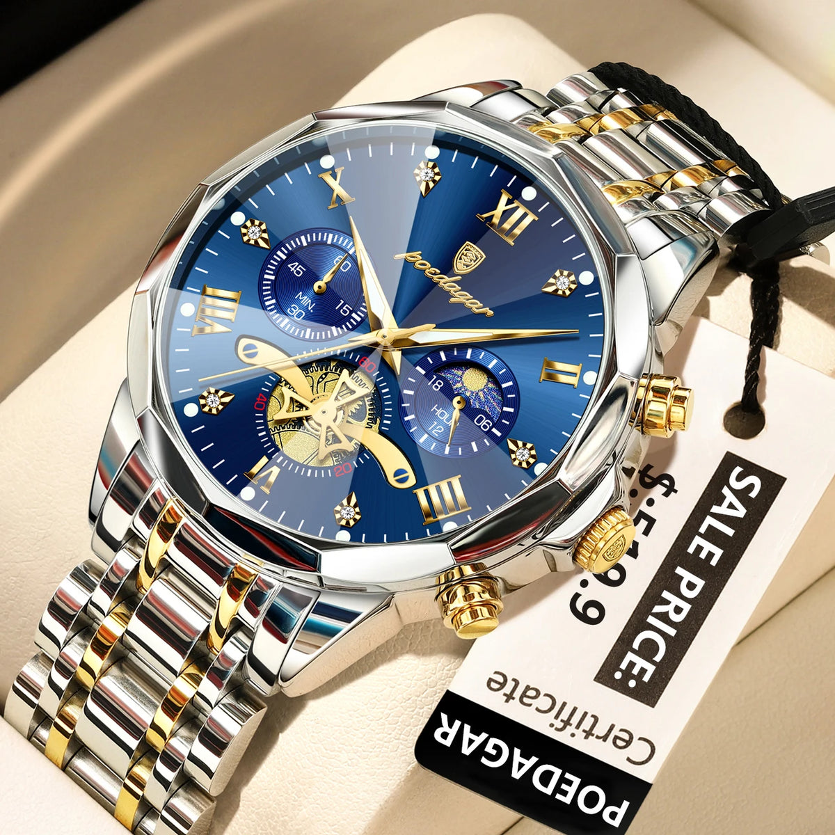 POEDAGAR Men's Chronograph Quartz Watch, Stainless Steel, Water Resistant