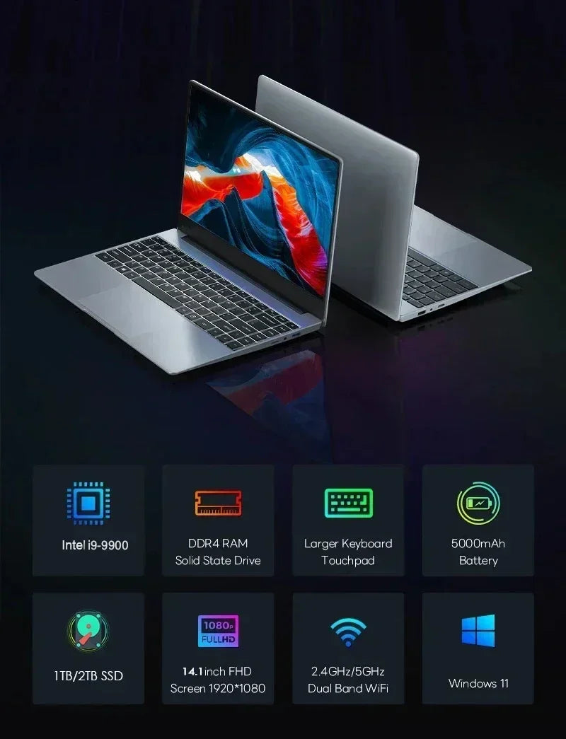 كمبيوتر محمول 14.1 بوصة، معالج Intel Core i9-9900، ذاكرة وصول عشوائي (RAM) سعة 16 جيجابايت، قرص صلب SSD سعة 1 تيرابايت، نظام ويندوز 11، قارئ بصمات الأصابع