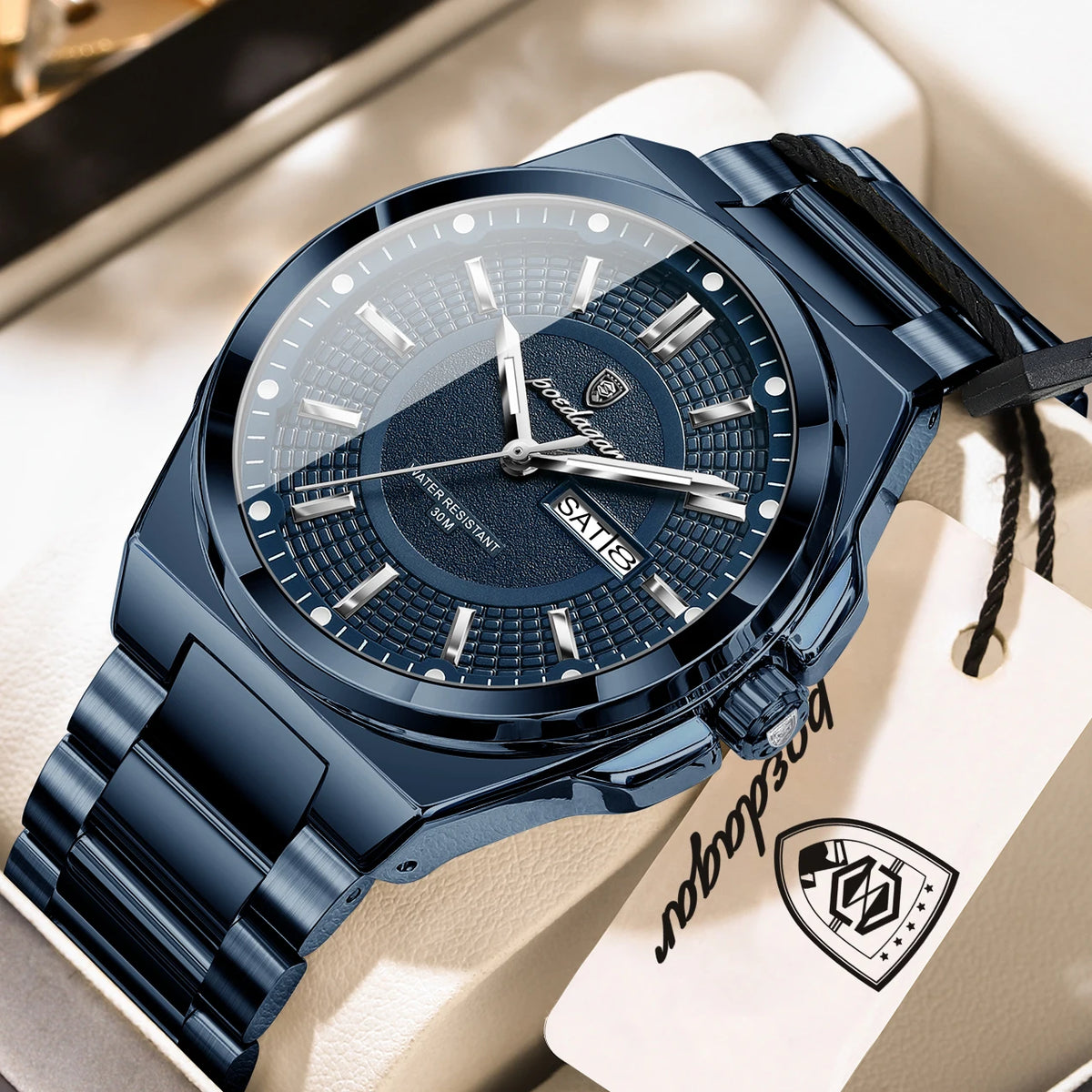 POEDAGAR Men's Business Quartz Watch, Stainless Steel, Date and Day