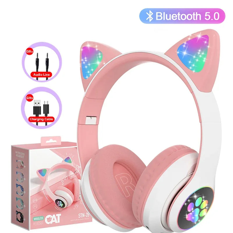 Kids' Cat Ear Bluetooth Headphones with Microphone and LED Lights