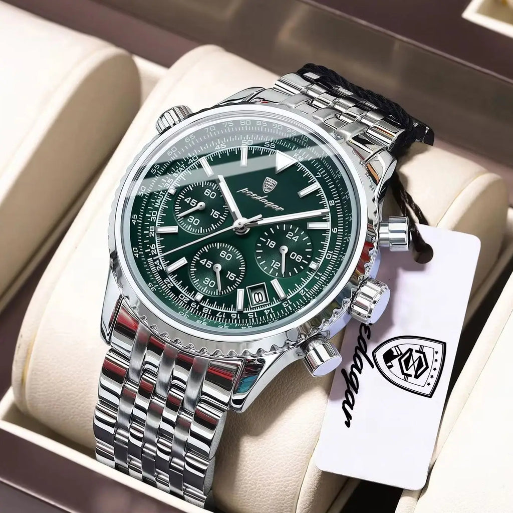 POEDAGAR Men's Chronograph Quartz Watch, Stainless Steel, Date, Luminous