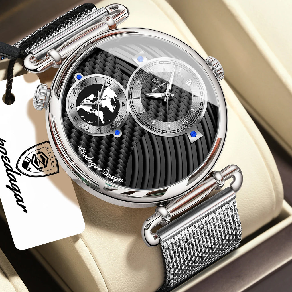 POEDAGAR Men's Quartz Watch, Multiple Time Zones, Steel Mesh Strap