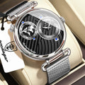 POEDAGAR Men's Quartz Watch, Multiple Time Zones, Steel Mesh Strap