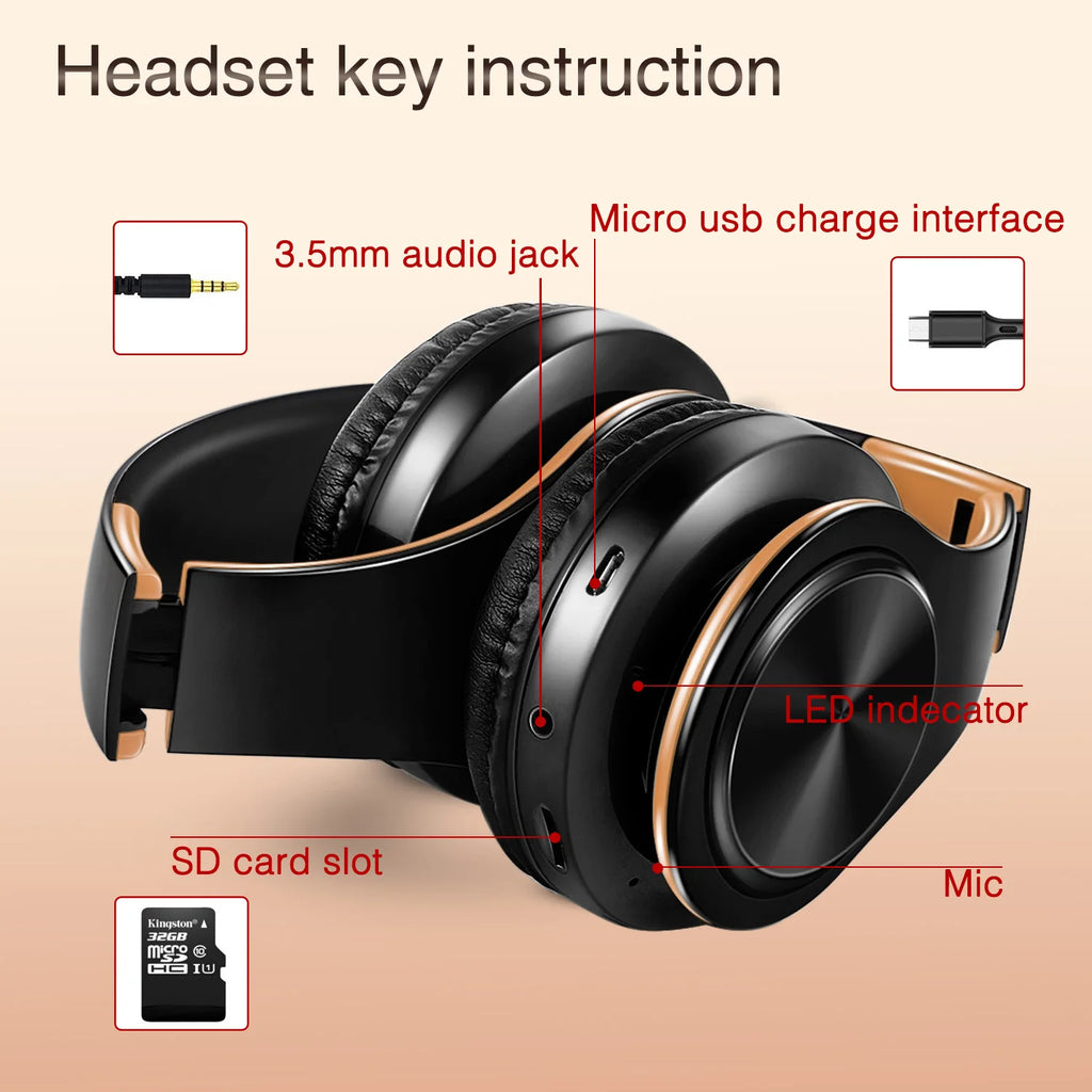 Gold Wireless Bluetooth Headphones with Built-in Microphone