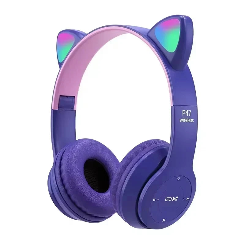 Kids' Cat Ear Bluetooth Headphones with Microphone and LED Lights