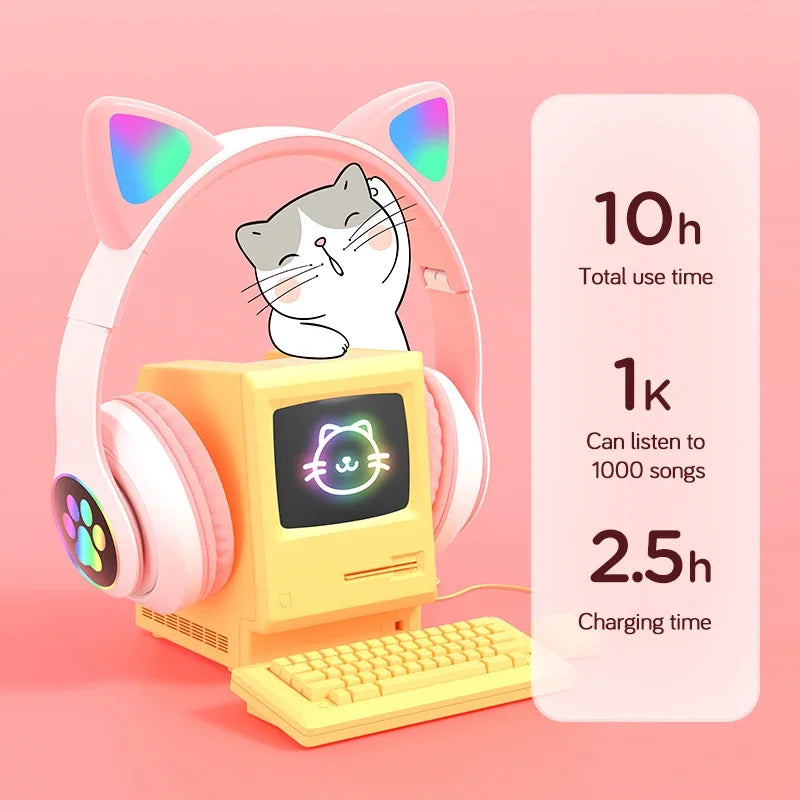 Kids' Cat Ear Bluetooth Headphones with Microphone and LED Lights