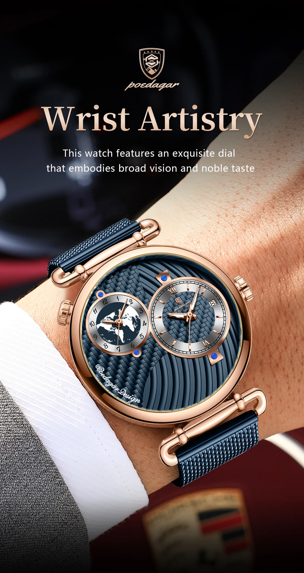 POEDAGAR Men's Quartz Watch, Multiple Time Zones, Steel Mesh Strap