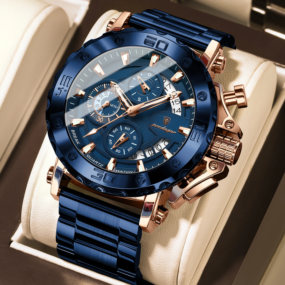 POEDAGAR Men's Chronograph Quartz Watch, Calendar, Stainless Steel