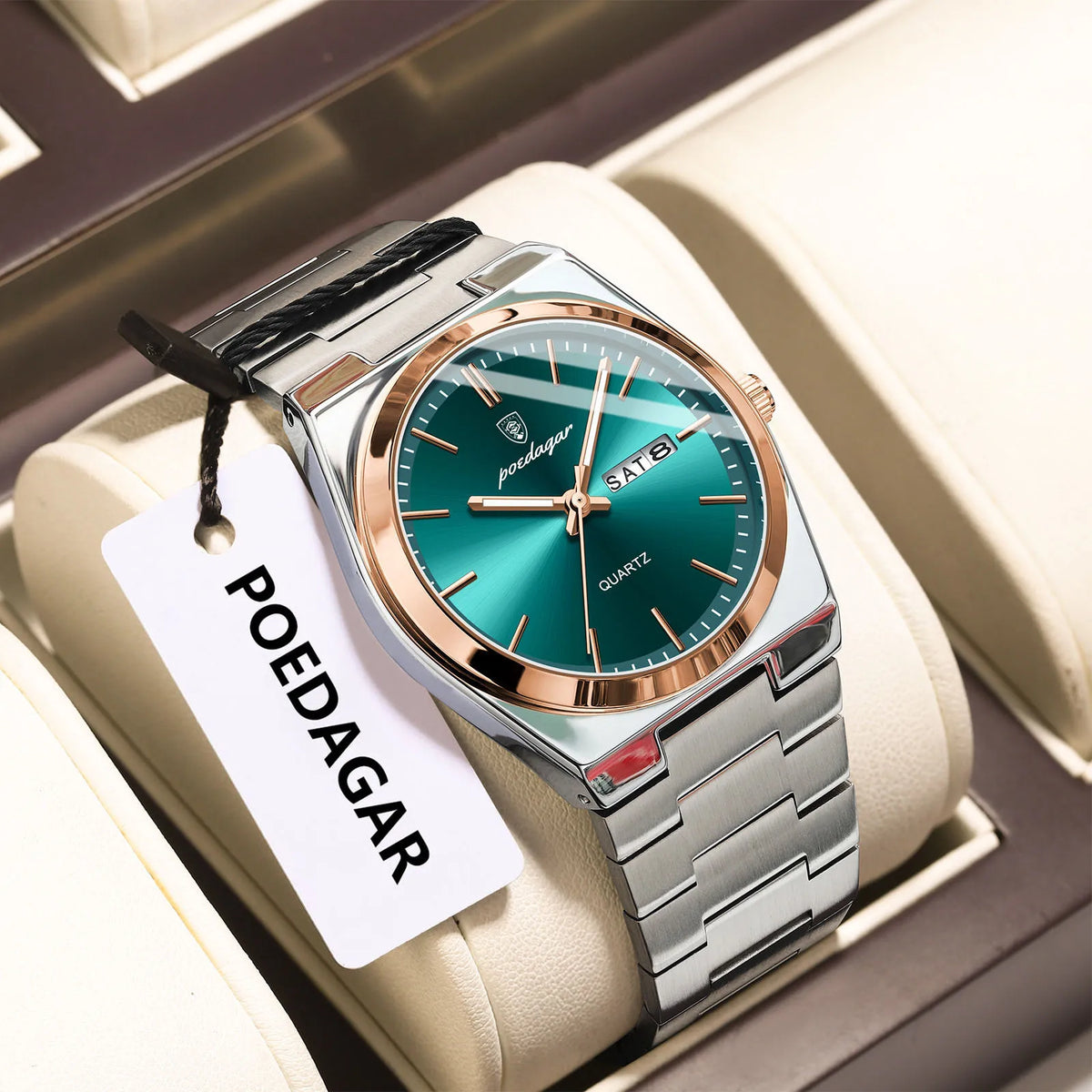 POEDAGAR Men's Quartz Watch, Stainless Steel, Date and Day, Luminous
