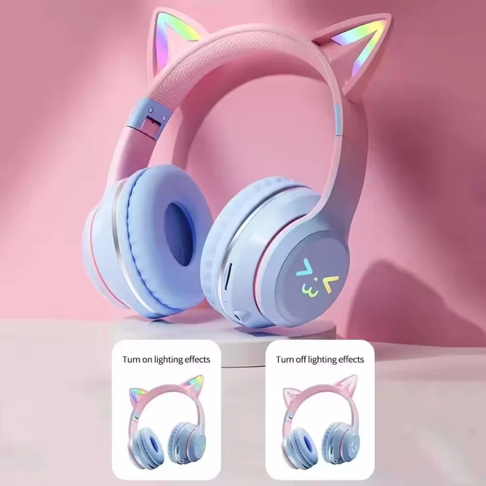 Cat Ear Bluetooth Headphones with RGB Lighting and Microphone