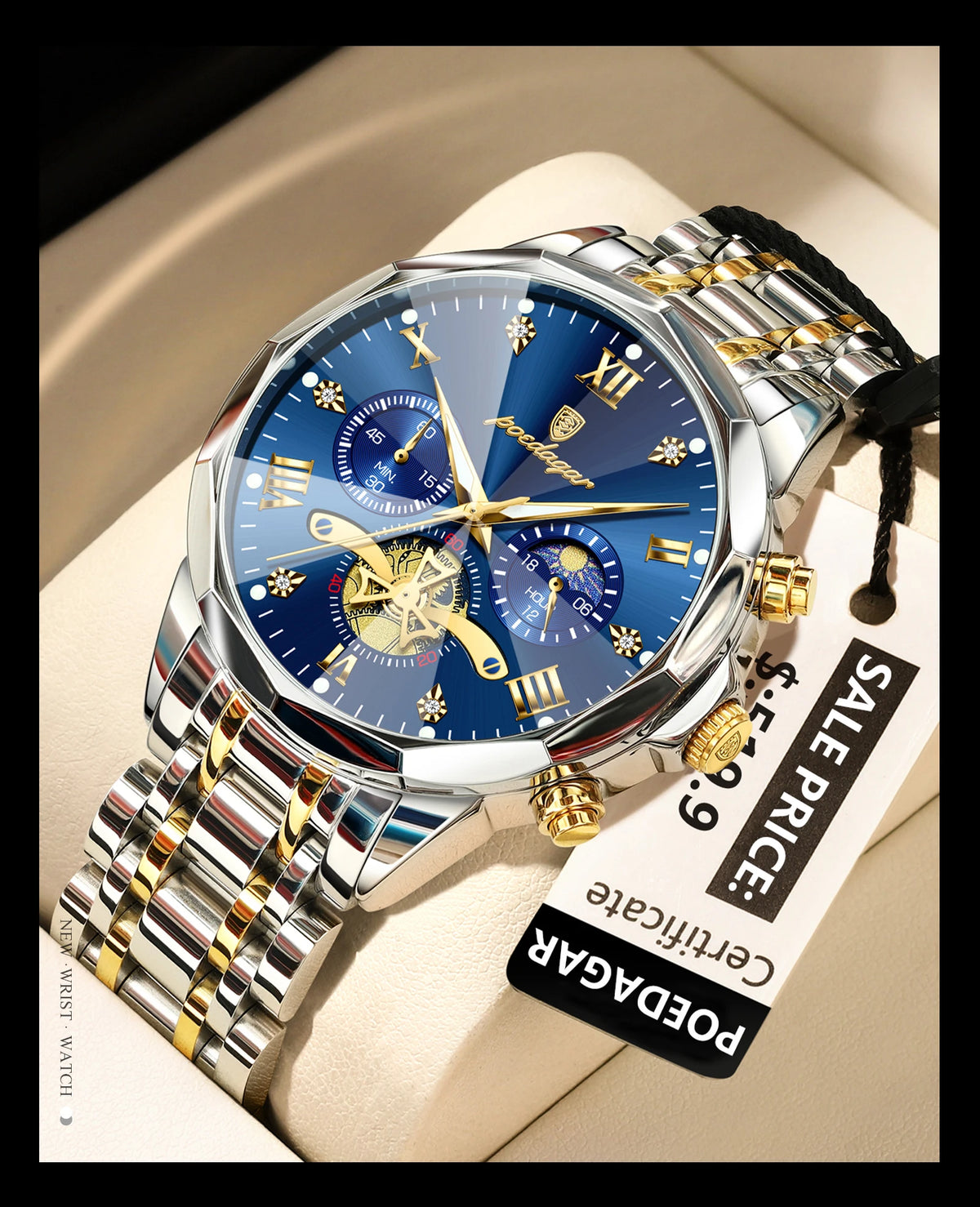 POEDAGAR Men's Chronograph Quartz Watch, Stainless Steel, Water Resistant