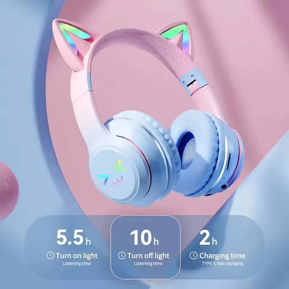 Cat Ear Bluetooth Headphones with RGB Lighting and Microphone