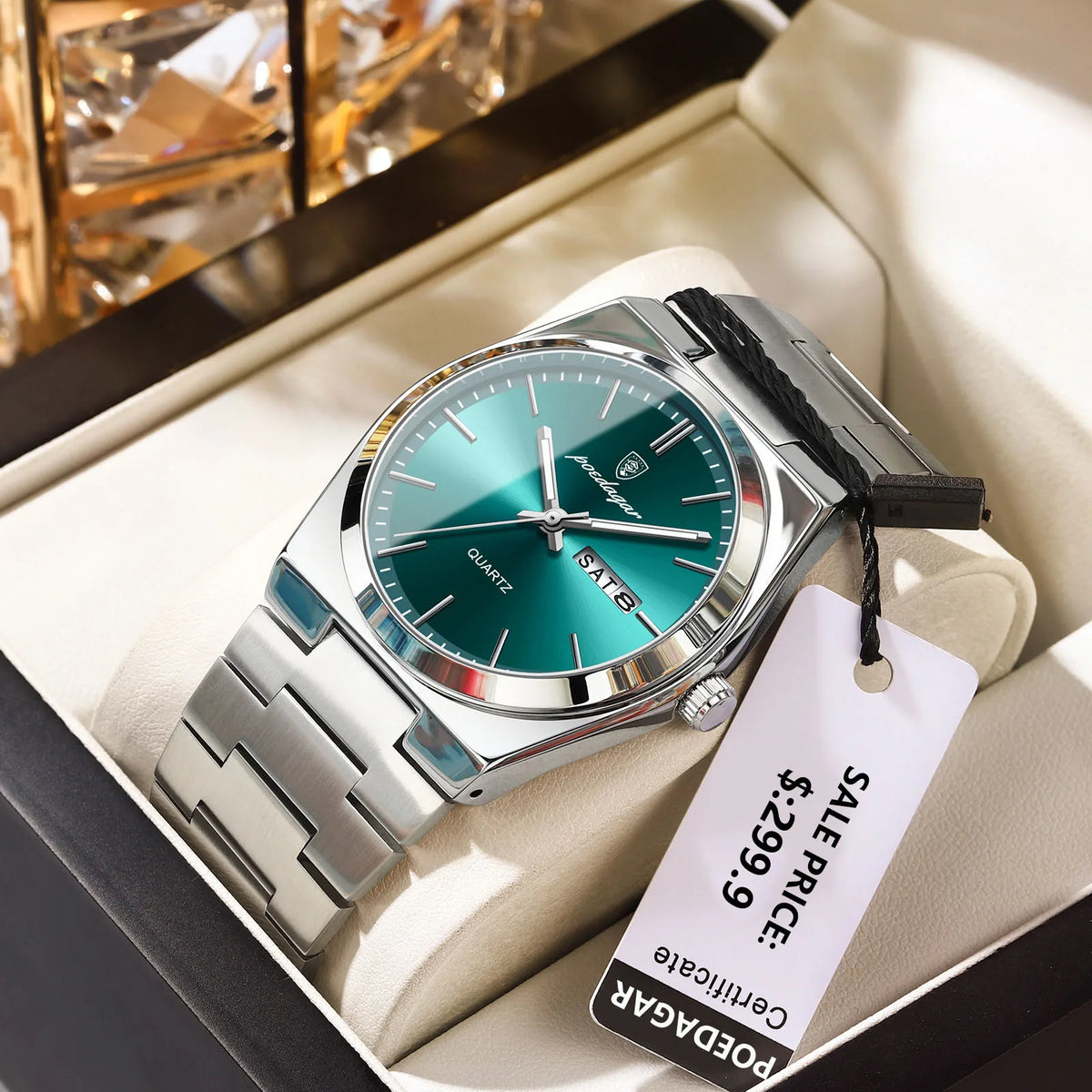 POEDAGAR Men's Quartz Watch, Stainless Steel, Date and Day Display