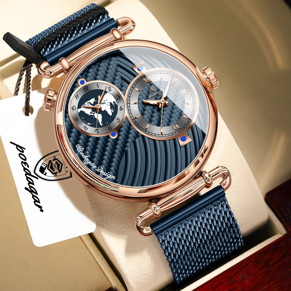 POEDAGAR Men's Quartz Watch, Multiple Time Zones, Steel Mesh Strap