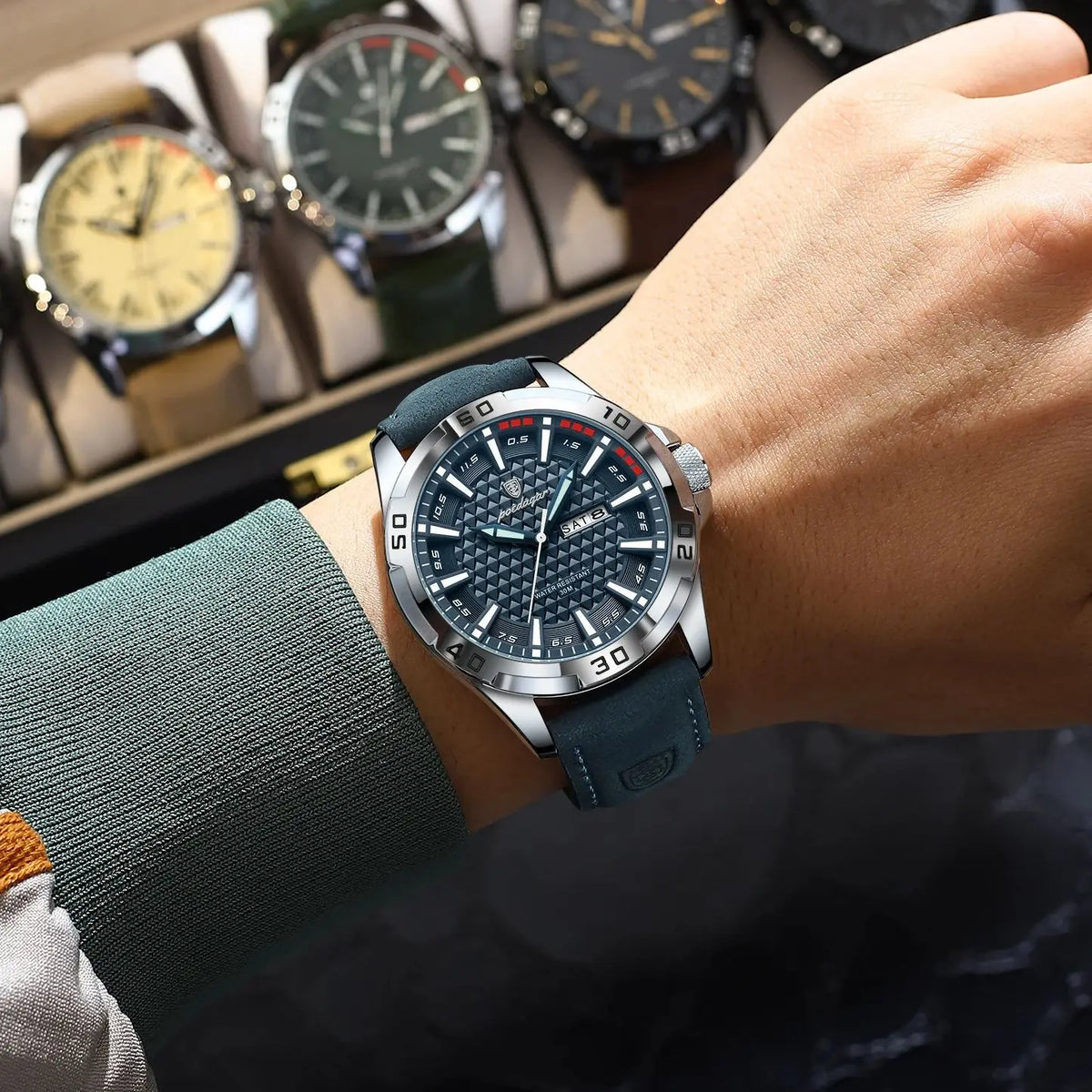 POEDAGAR Men's Quartz Watch, Leather Strap, Date and Day, Luminous