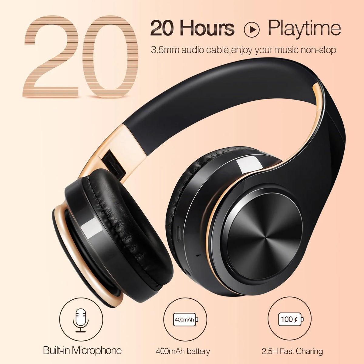 Gold Wireless Bluetooth Headphones with Built-in Microphone